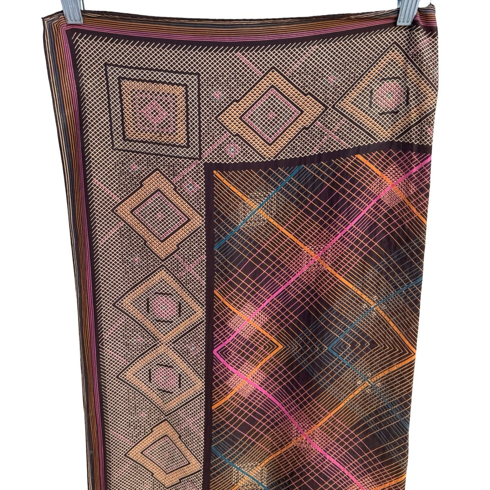 Vintage Geometric Diamond Grid Silk Scarf Brown Orange Pink Hand Rolled Edge