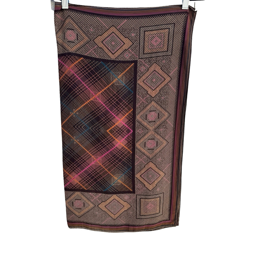 Vintage Geometric Diamond Grid Silk Scarf Brown Orange Pink Hand Rolled Edge