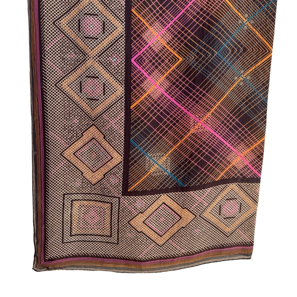 Vintage Geometric Diamond Grid Silk Scarf Brown Orange Pink Hand Rolled Edge