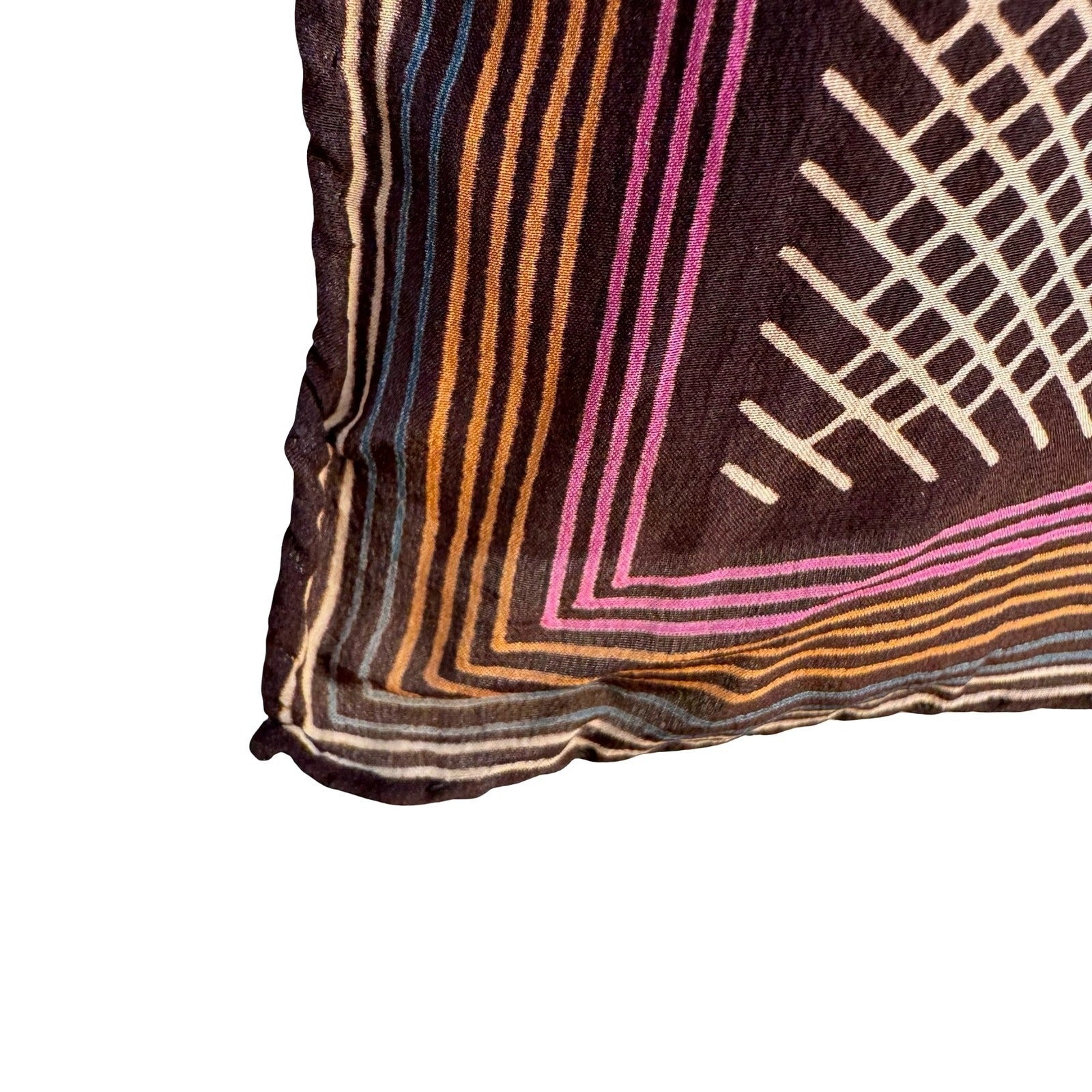 Vintage Geometric Diamond Grid Silk Scarf Brown Orange Pink Hand Rolled Edge