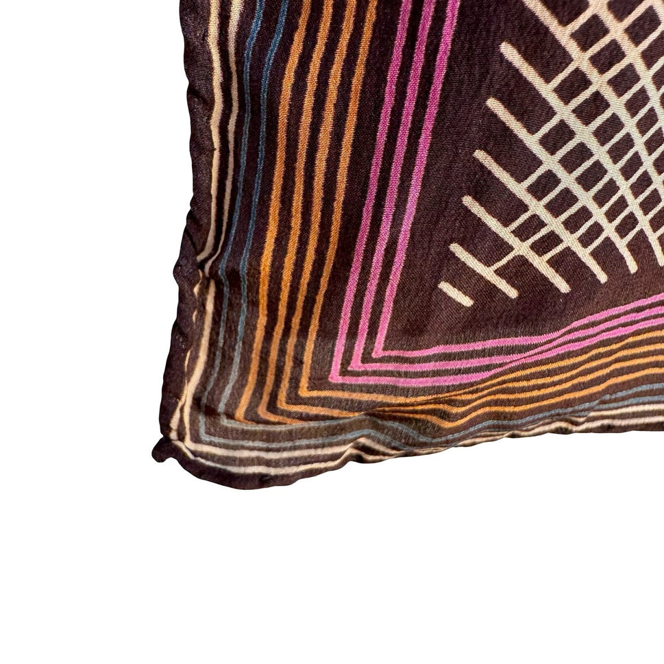 Vintage Geometric Diamond Grid Silk Scarf Brown Orange Pink Hand Rolled Edge