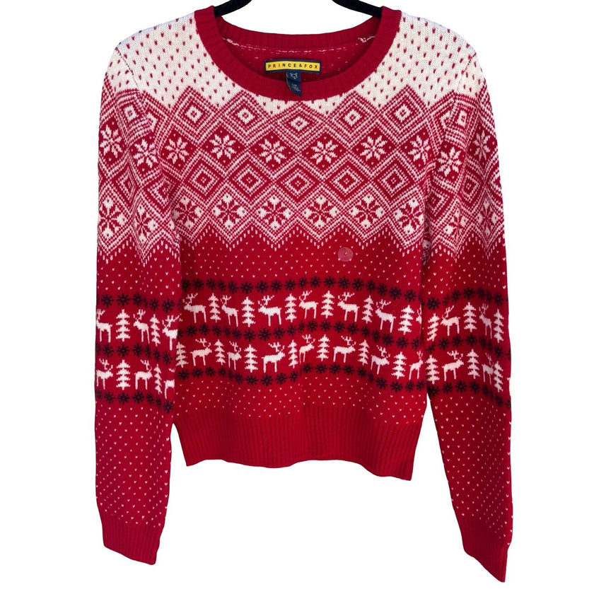 Prince & Fox Mens Large Red Fair Isle Reindeer Snowflake Nordic Knit Sweater NEW