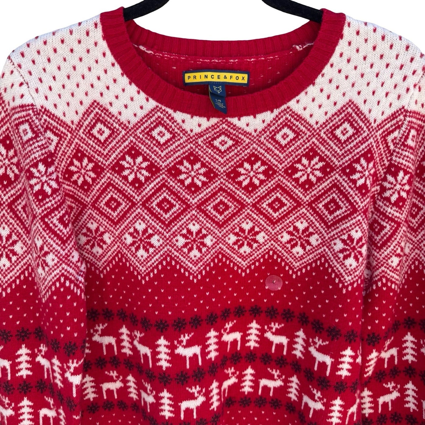 Prince & Fox Mens Large Red Fair Isle Reindeer Snowflake Nordic Knit Sweater NEW
