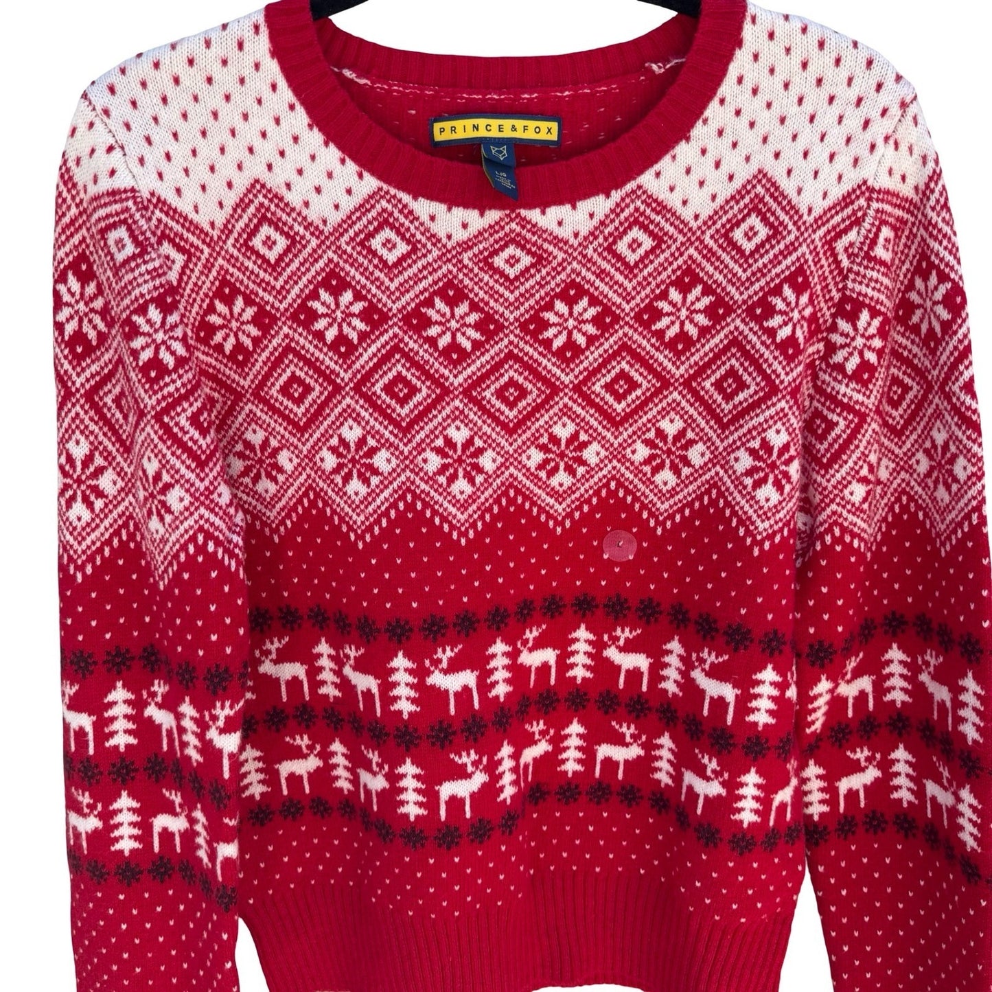 Prince & Fox Mens Large Red Fair Isle Reindeer Snowflake Nordic Knit Sweater NEW