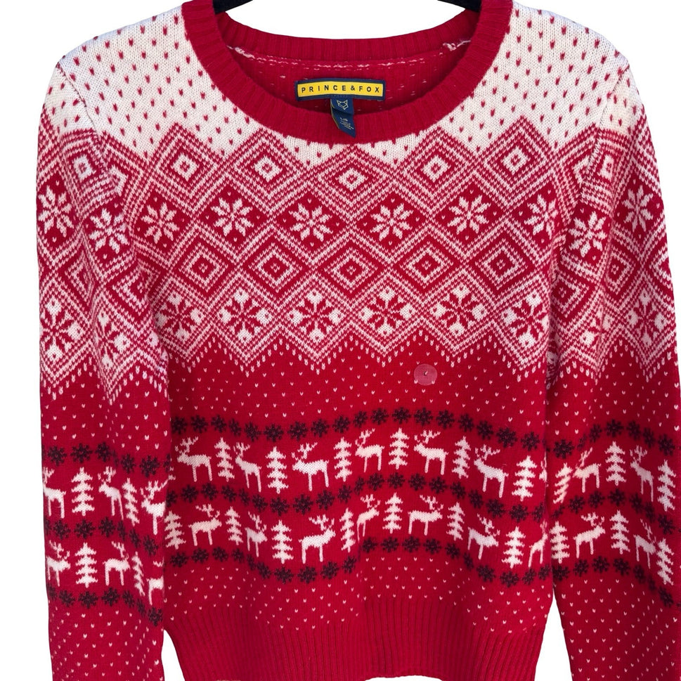 Prince & Fox Mens Large Red Fair Isle Reindeer Snowflake Nordic Knit Sweater NEW
