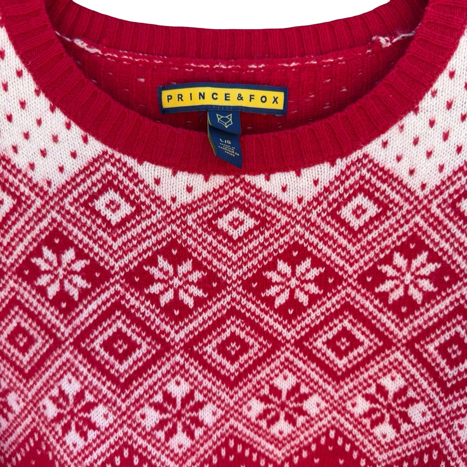 Prince & Fox Mens Large Red Fair Isle Reindeer Snowflake Nordic Knit Sweater NEW