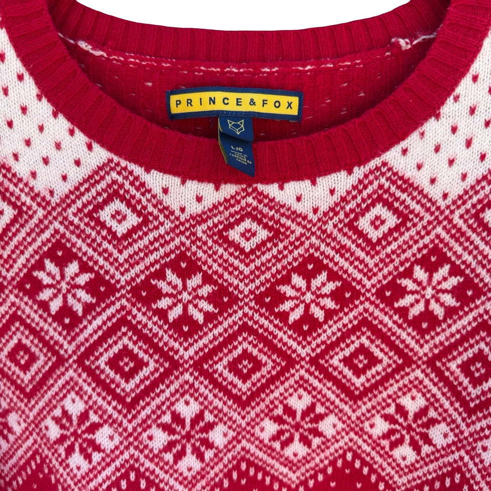 Prince & Fox Mens Large Red Fair Isle Reindeer Snowflake Nordic Knit Sweater NEW