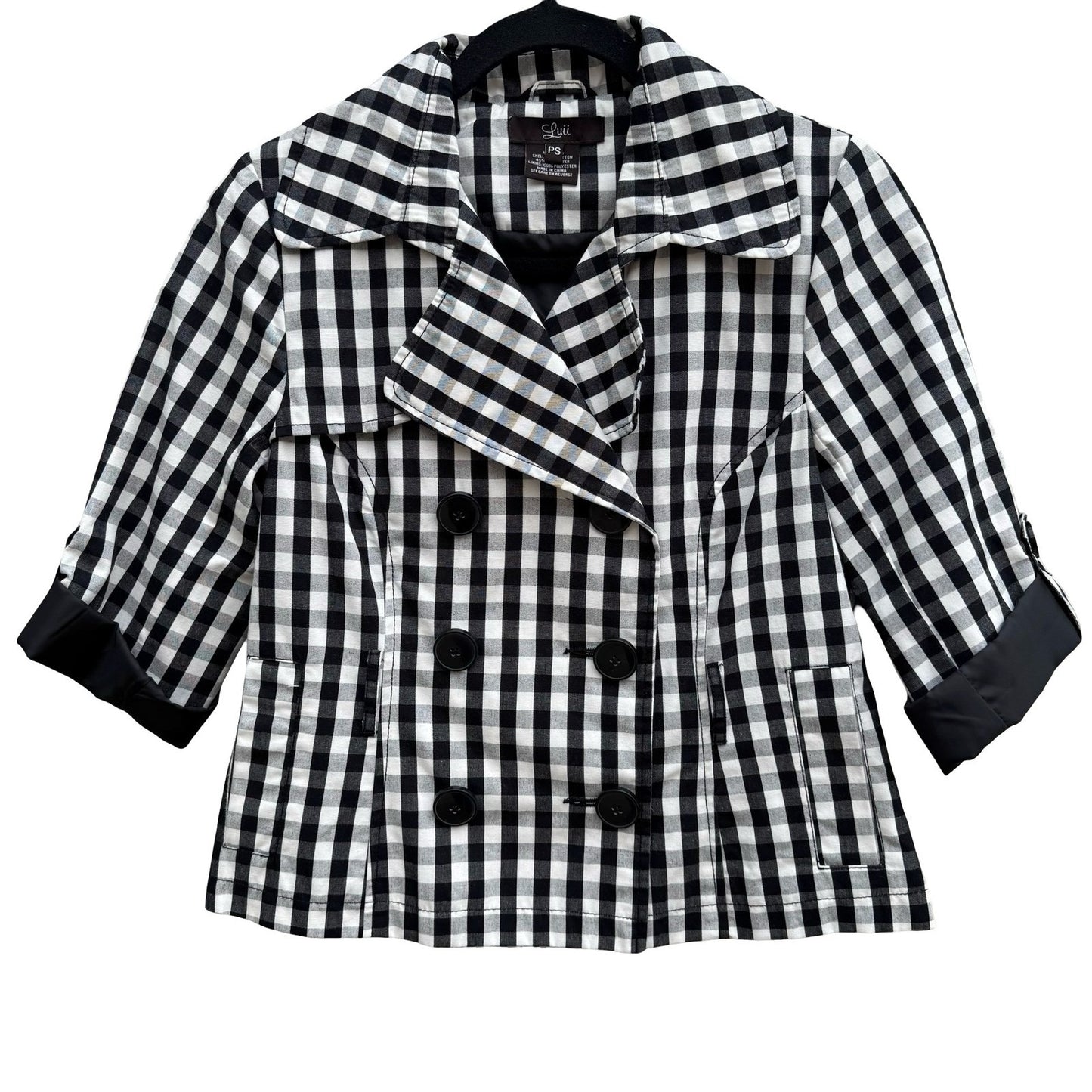 Luii Womens Gingham Double Breasted Cropped Jacket Black White 3/4 Sleeve PS