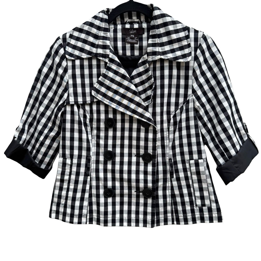 Luii Womens Gingham Double Breasted Cropped Jacket Black White 3/4 Sleeve PS