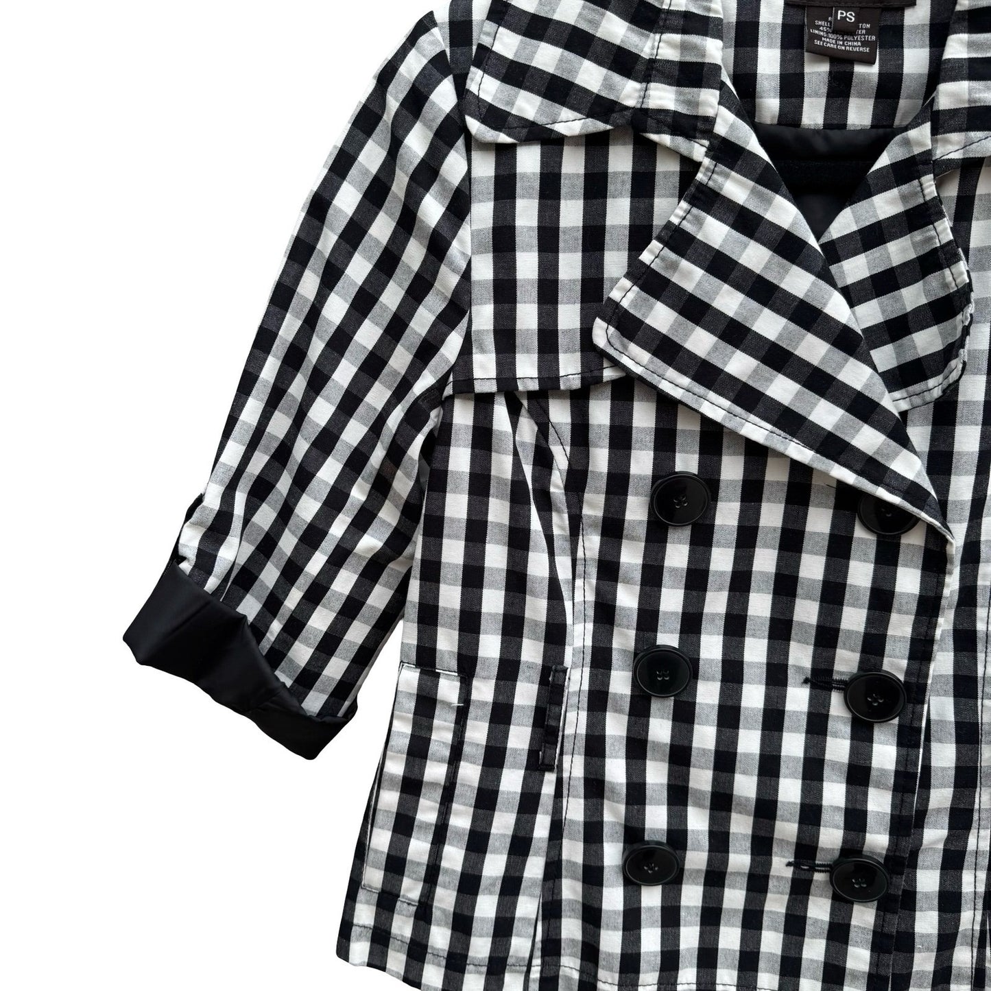 Luii Womens Gingham Double Breasted Cropped Jacket Black White 3/4 Sleeve PS