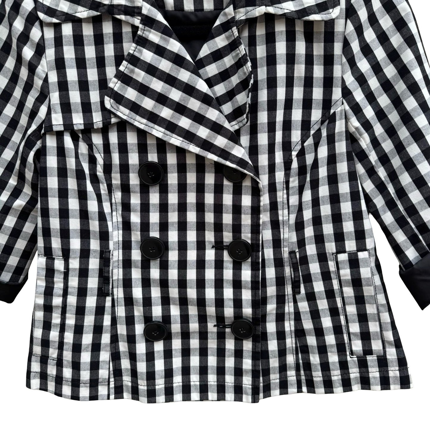 Luii Womens Gingham Double Breasted Cropped Jacket Black White 3/4 Sleeve PS