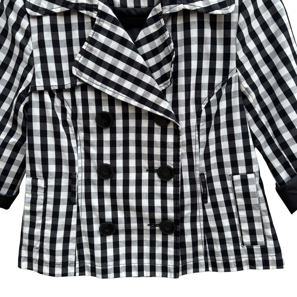 Luii Womens Gingham Double Breasted Cropped Jacket Black White 3/4 Sleeve PS