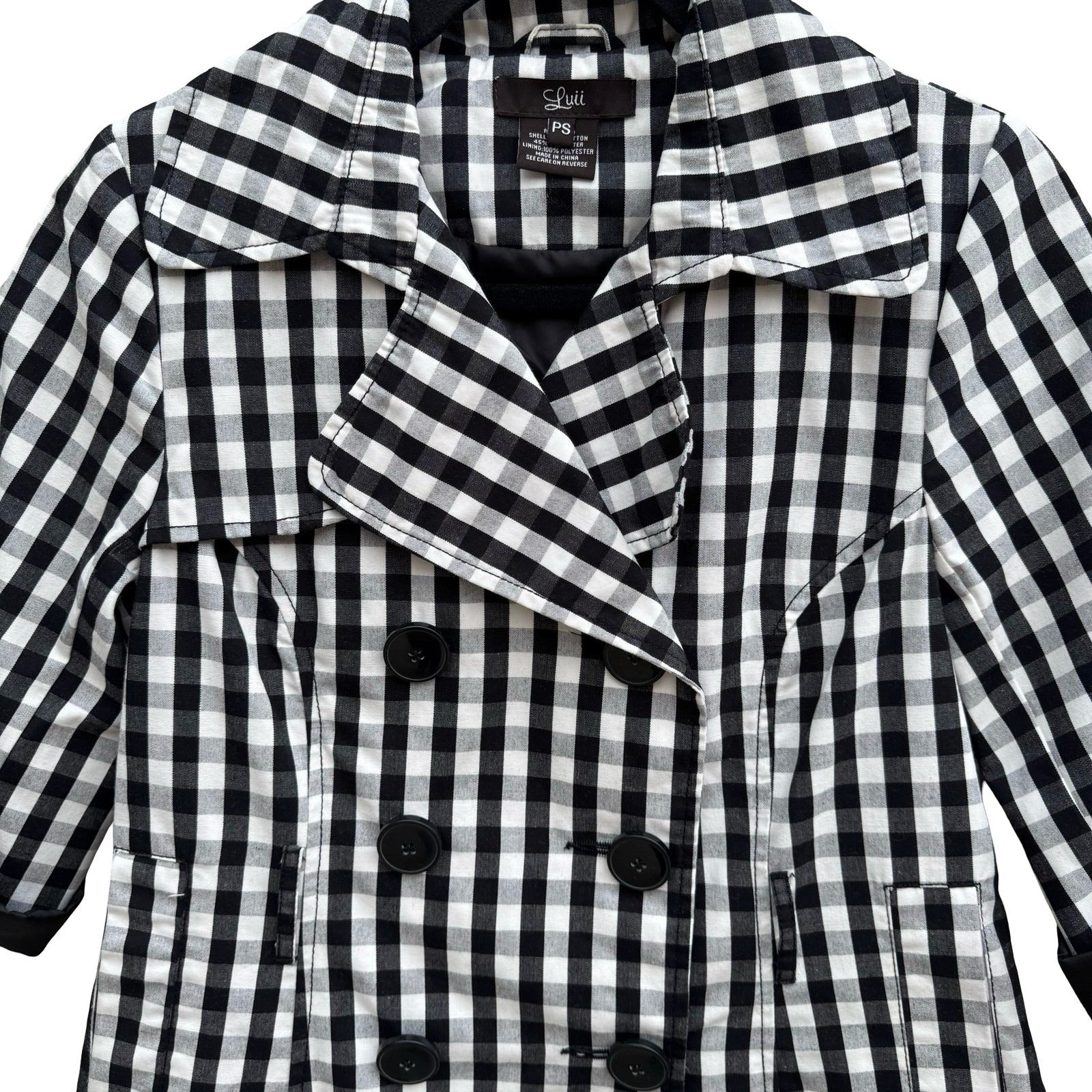 Luii Womens Gingham Double Breasted Cropped Jacket Black White 3/4 Sleeve PS
