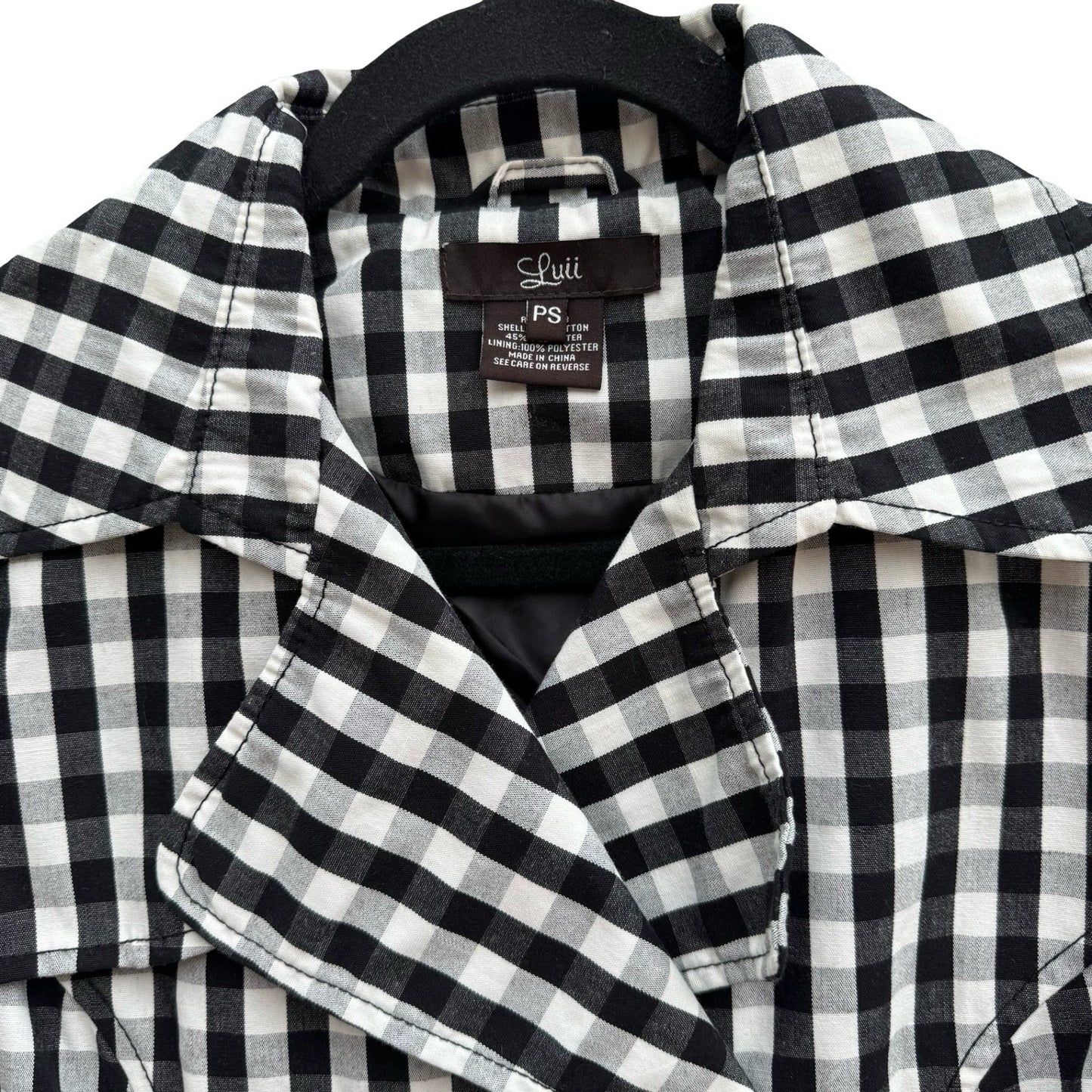 Luii Womens Gingham Double Breasted Cropped Jacket Black White 3/4 Sleeve PS