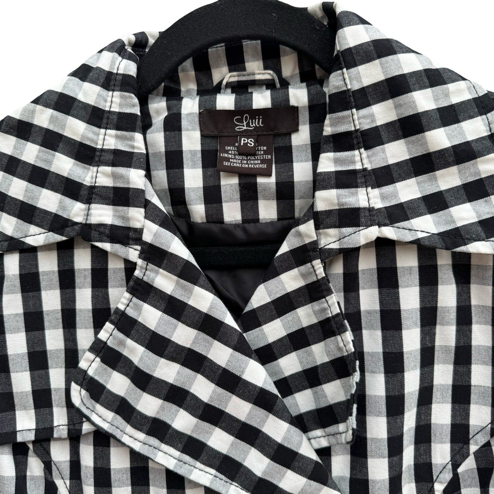 Luii Womens Gingham Double Breasted Cropped Jacket Black White 3/4 Sleeve PS