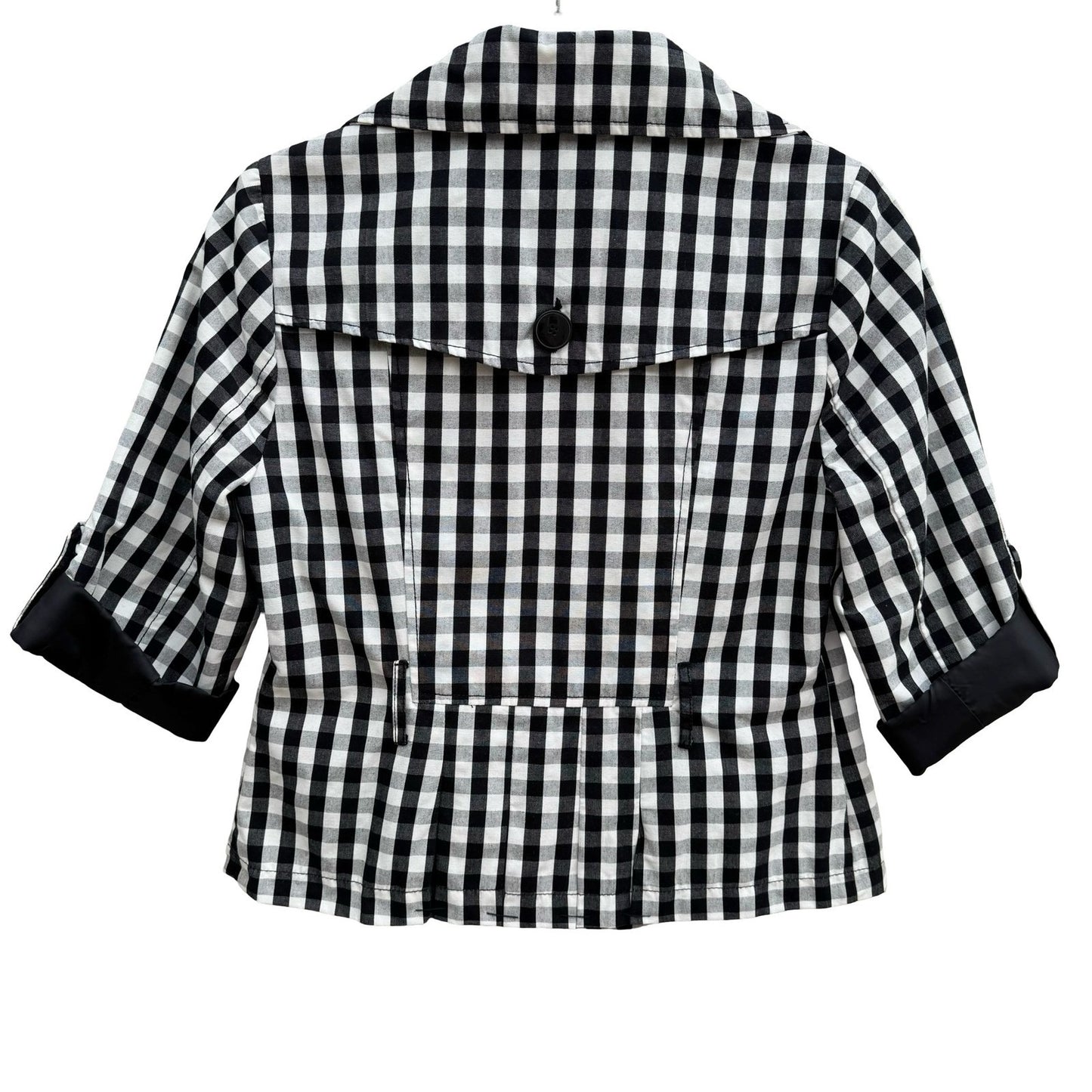 Luii Womens Gingham Double Breasted Cropped Jacket Black White 3/4 Sleeve PS