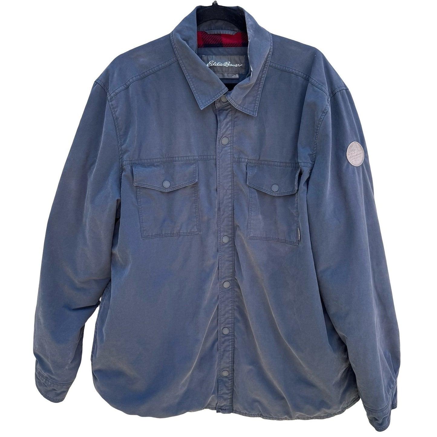 Eddie Bauer Mens XL Navy Blue Fleece Lined Snap Front Shirt Jacket Buffalo Plaid