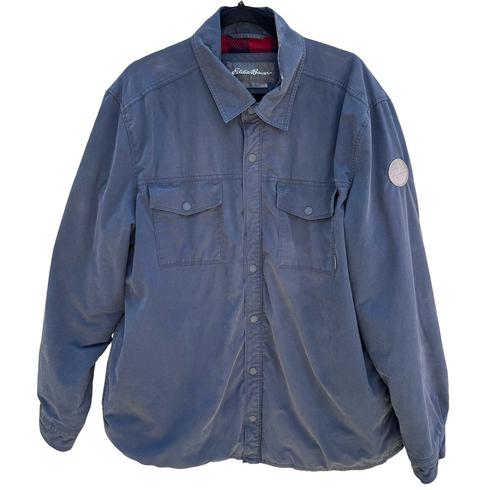 Eddie Bauer Mens XL Navy Blue Fleece Lined Snap Front Shirt Jacket Buffalo Plaid