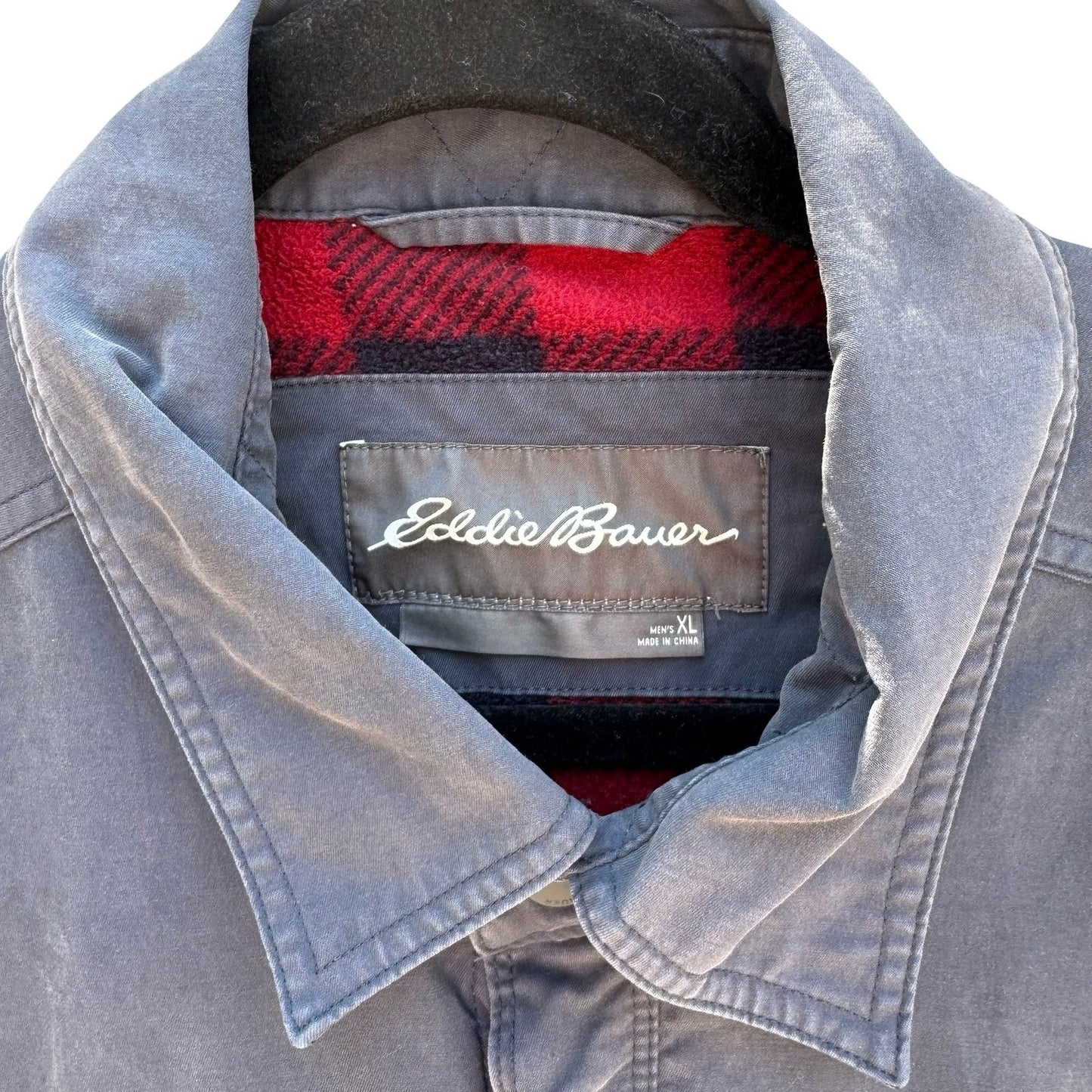 Eddie Bauer Mens XL Navy Blue Fleece Lined Snap Front Shirt Jacket Buffalo Plaid