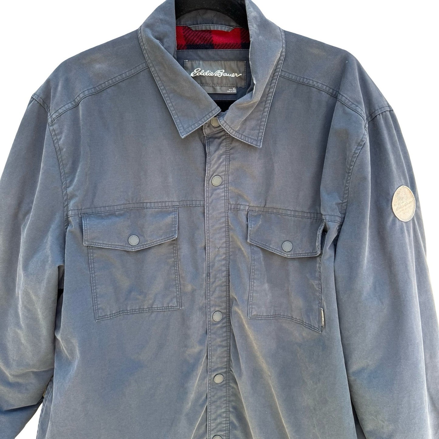 Eddie Bauer Mens XL Navy Blue Fleece Lined Snap Front Shirt Jacket Buffalo Plaid