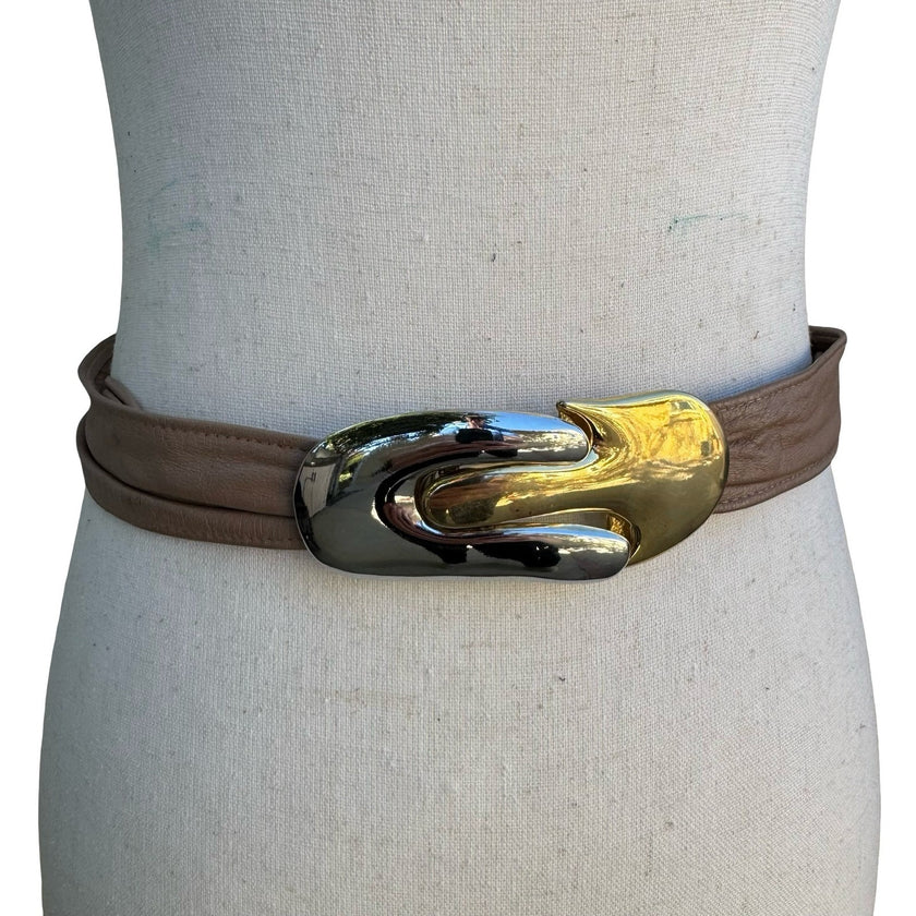 Vintage Brown Leather Cinch Waist Belt Mixed Metal Gold Silver Buckle Retro