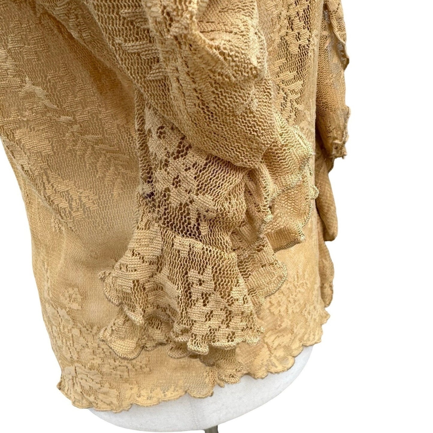 Newport News Vintage Y2K Tan Lace Ruffle V-Neck Blouse Sheer Fairy XL Romantic