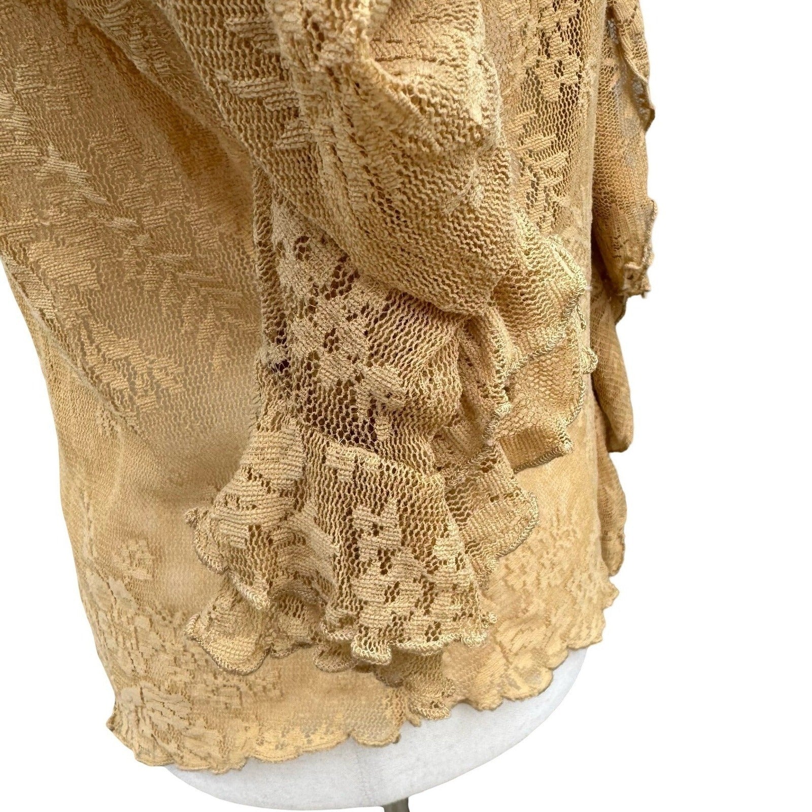 Newport News Vintage Y2K Tan Lace Ruffle V-Neck Blouse Sheer Fairy XL Romantic