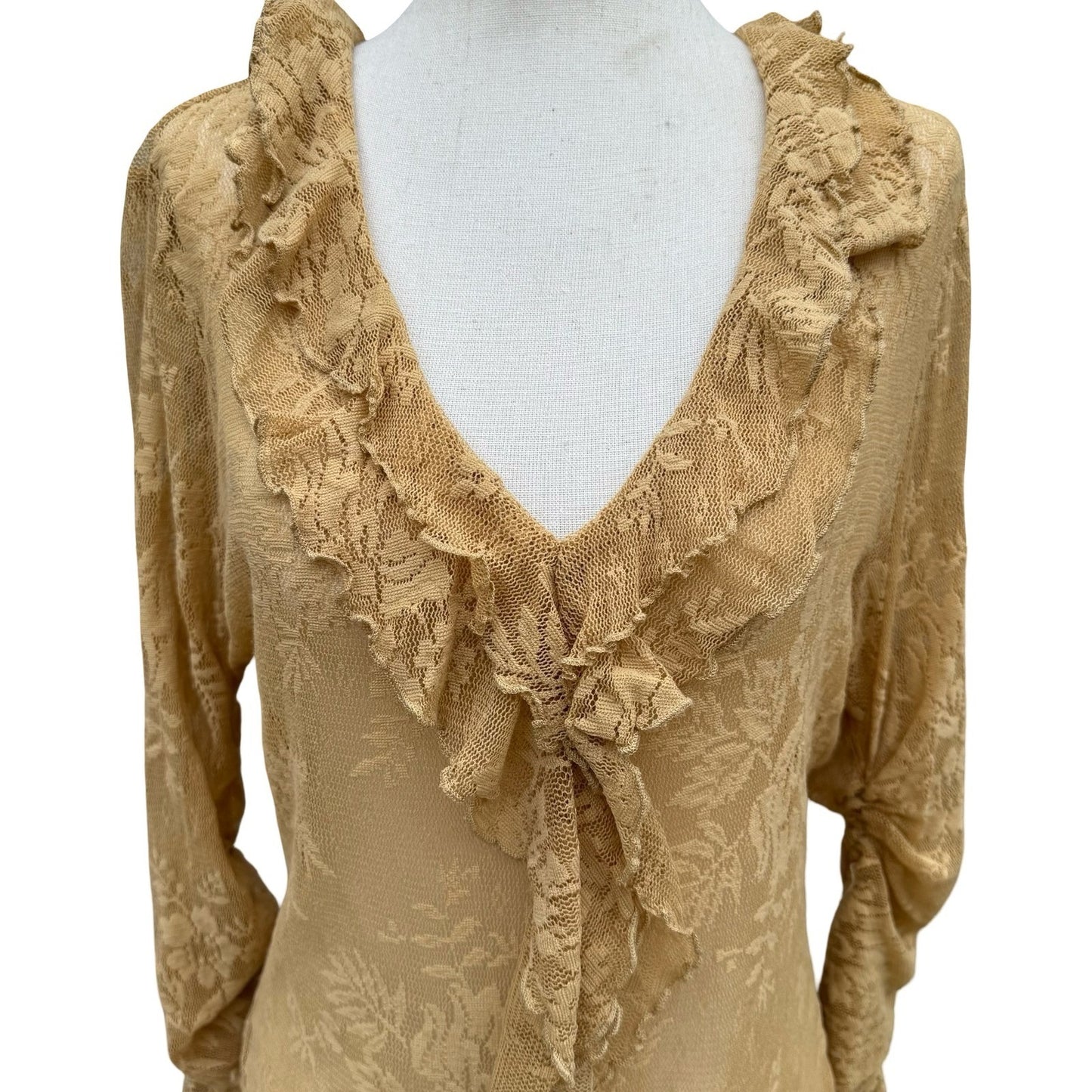 Newport News Vintage Y2K Tan Lace Ruffle V-Neck Blouse Sheer Fairy XL Romantic