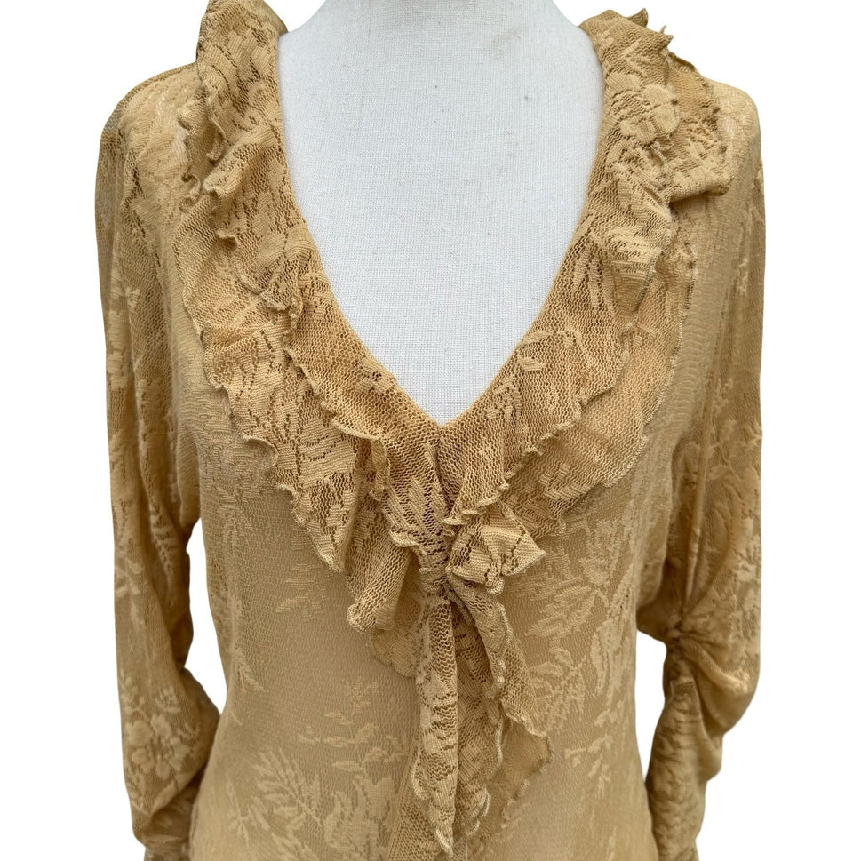 Newport News Vintage Y2K Tan Lace Ruffle V-Neck Blouse Sheer Fairy XL Romantic