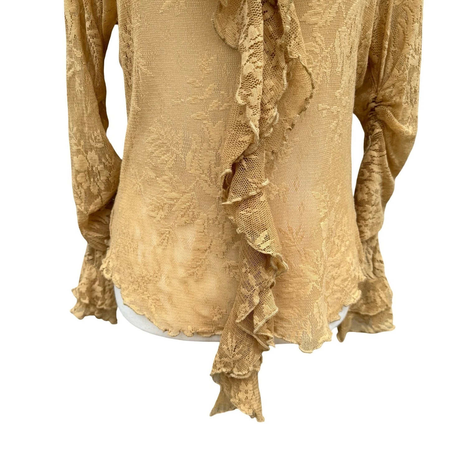 Newport News Vintage Y2K Tan Lace Ruffle V-Neck Blouse Sheer Fairy XL Romantic