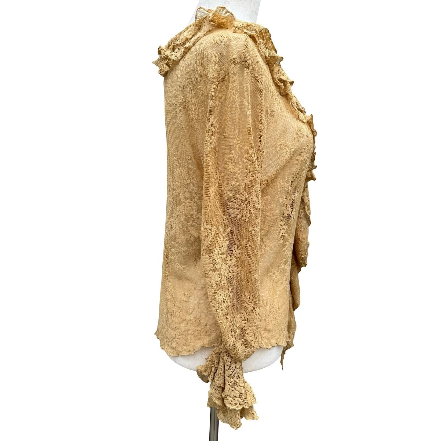 Newport News Vintage Y2K Tan Lace Ruffle V-Neck Blouse Sheer Fairy XL Romantic