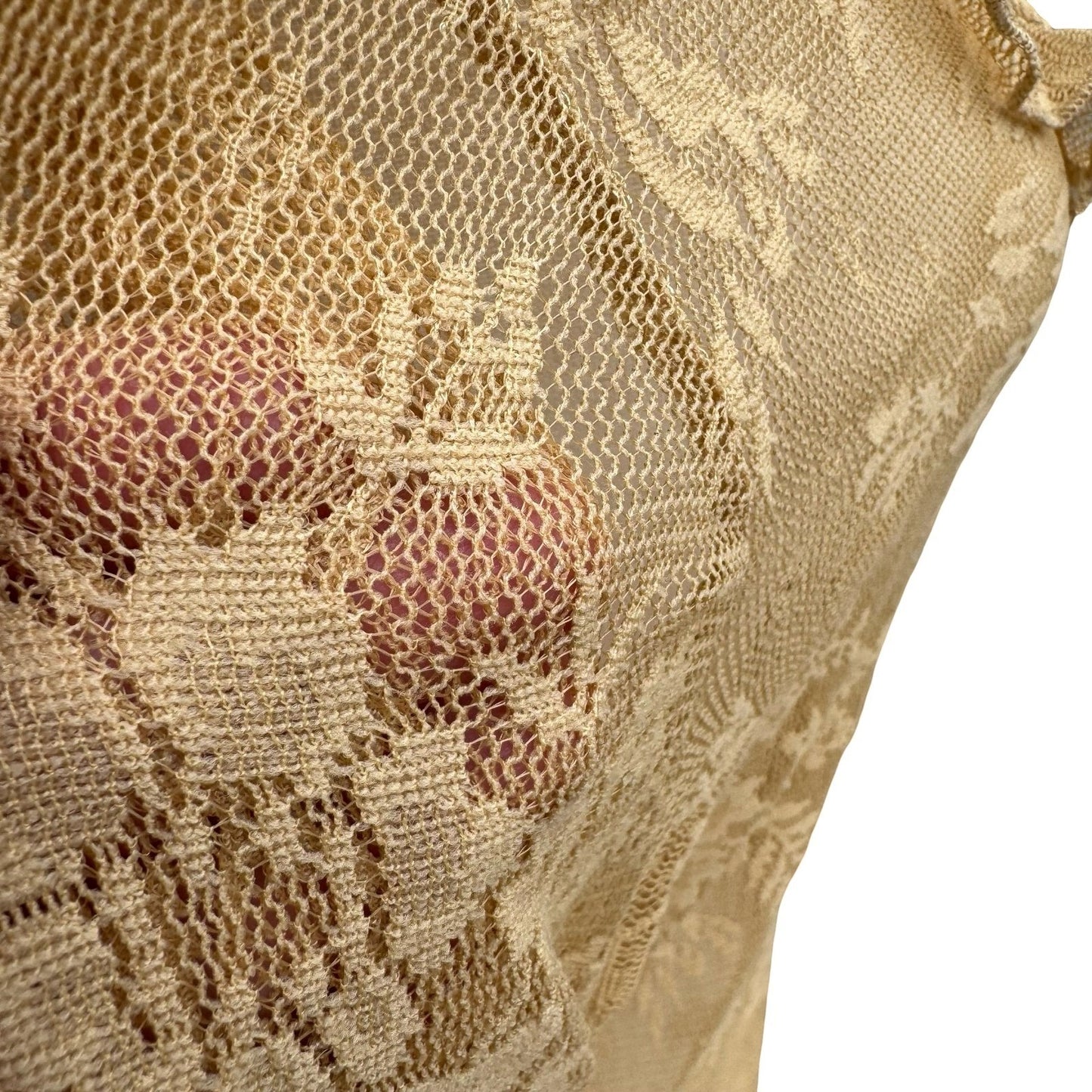 Newport News Vintage Y2K Tan Lace Ruffle V-Neck Blouse Sheer Fairy XL Romantic