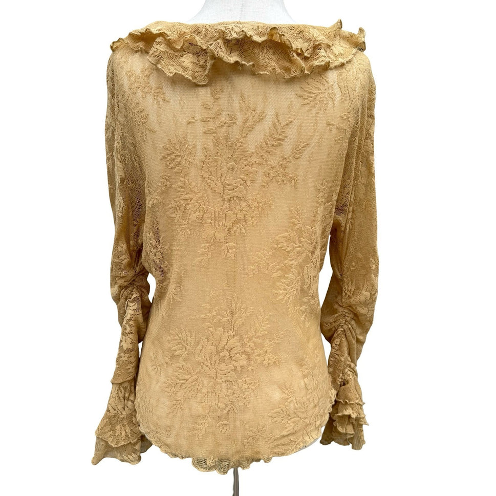 Newport News Vintage Y2K Tan Lace Ruffle V-Neck Blouse Sheer Fairy XL Romantic