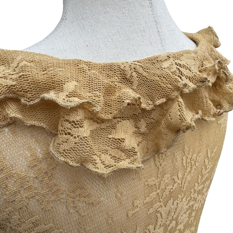 Newport News Vintage Y2K Tan Lace Ruffle V-Neck Blouse Sheer Fairy XL Romantic