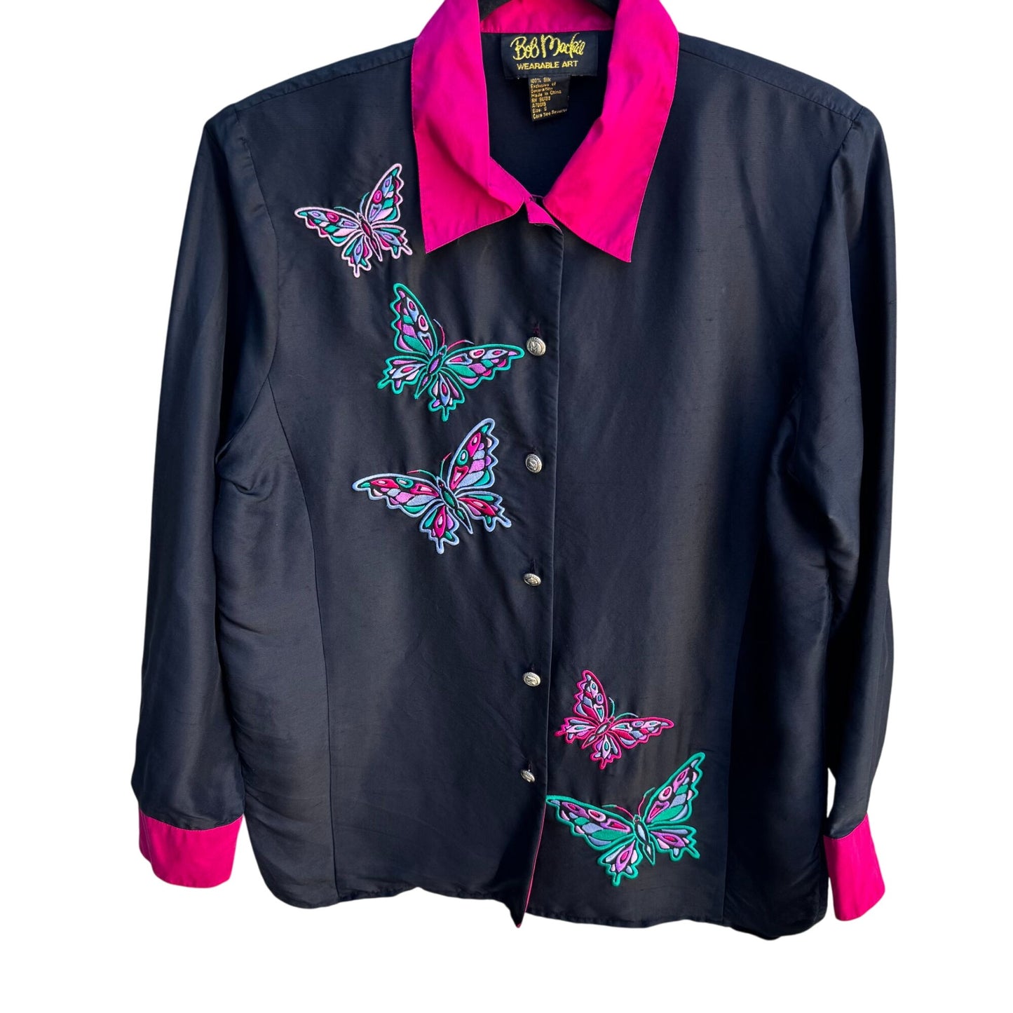 Bob Mackie Wearable Art Vintage Silk Embroidered Butterfly Appliqué Shirt Blouse