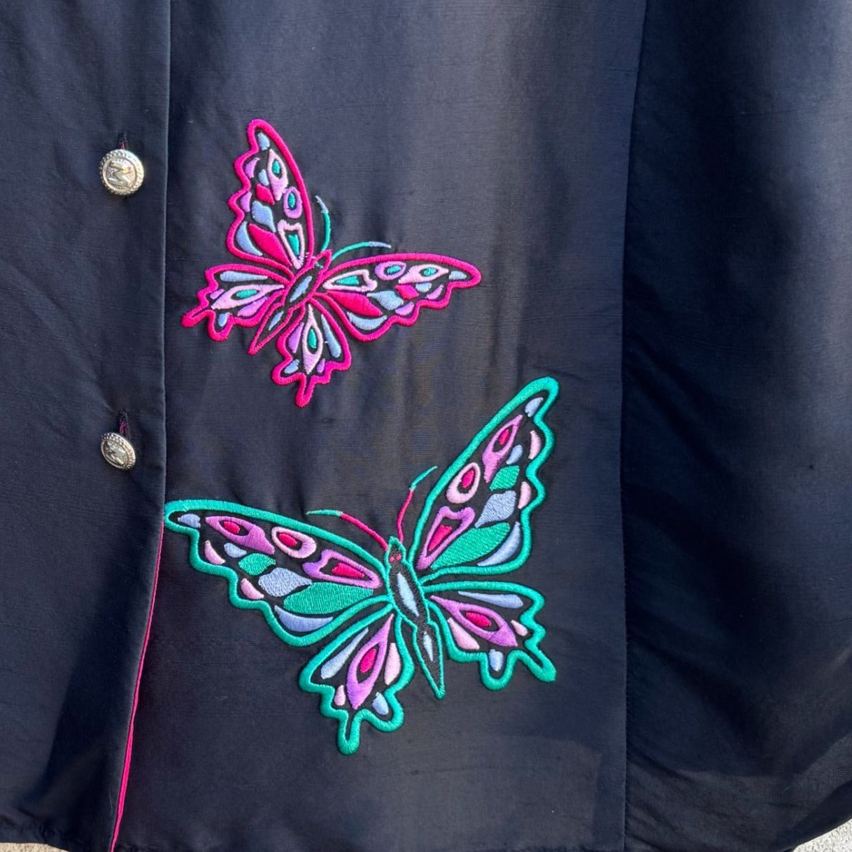 Bob Mackie Wearable Art Vintage Silk Embroidered Butterfly Appliqué Shirt Blouse