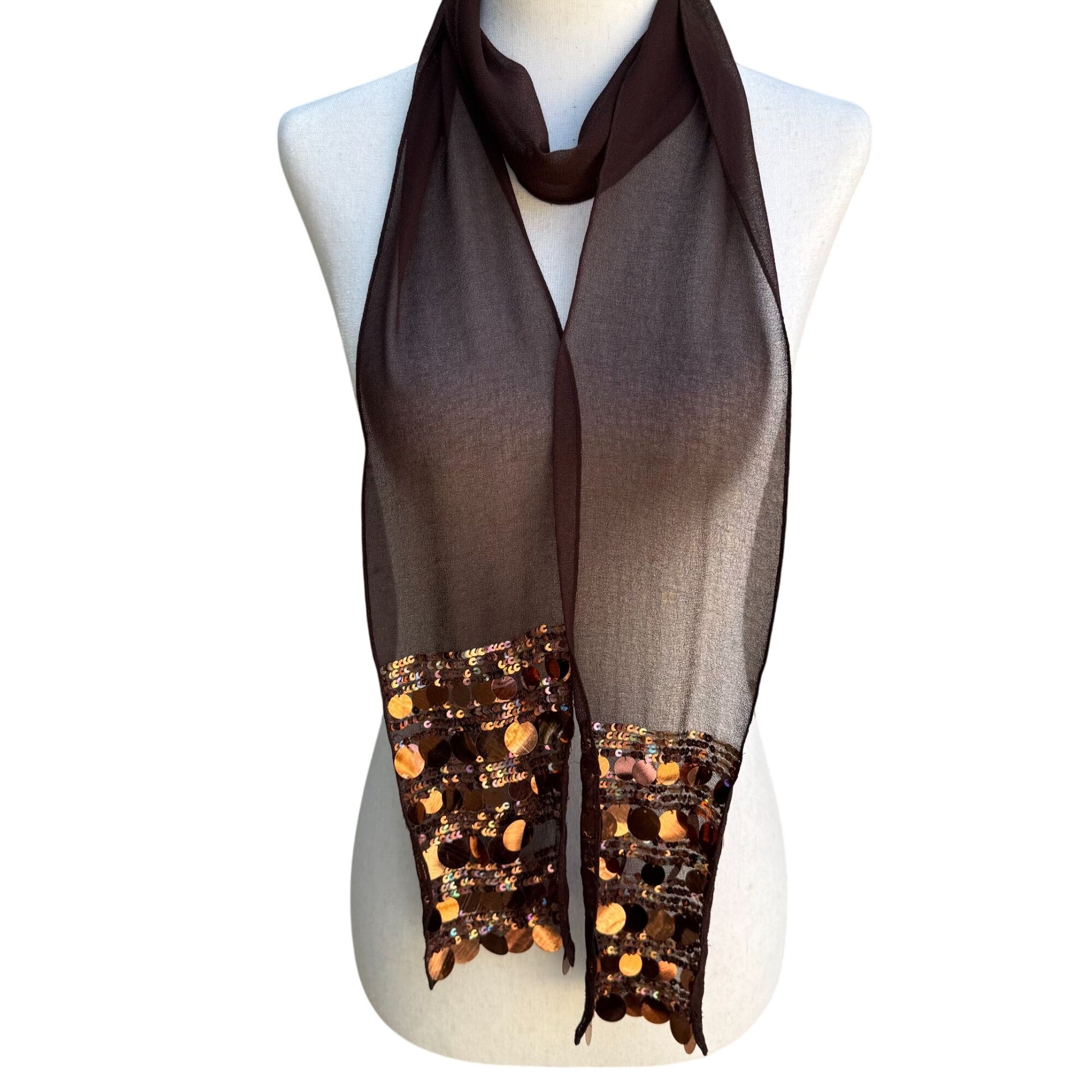 Vintage Womens Sheer Brown Sequin Metallic Accent Party Glam Scarf Wrap Tie
