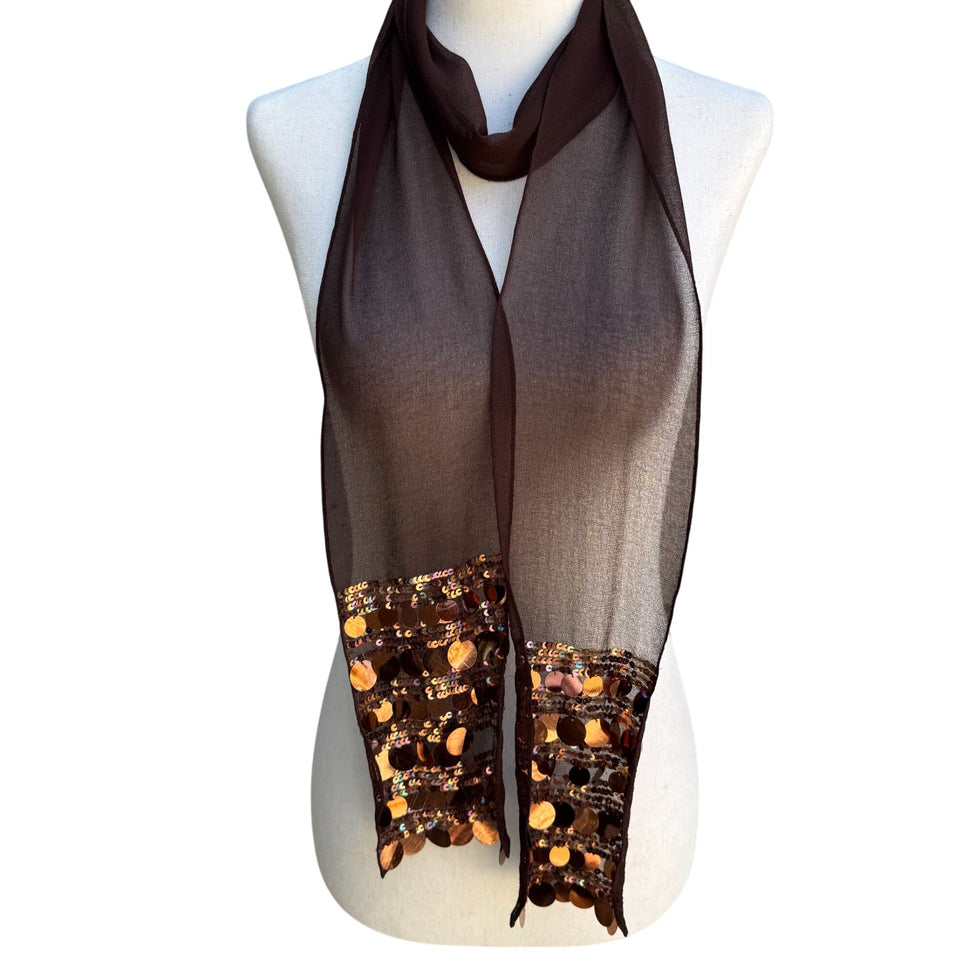 Vintage Womens Sheer Brown Sequin Metallic Accent Party Glam Scarf Wrap Tie