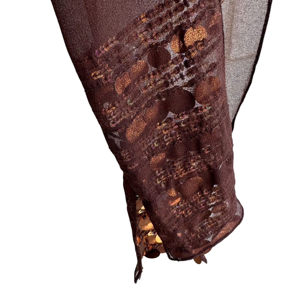 Vintage Womens Sheer Brown Sequin Metallic Accent Party Glam Scarf Wrap Tie