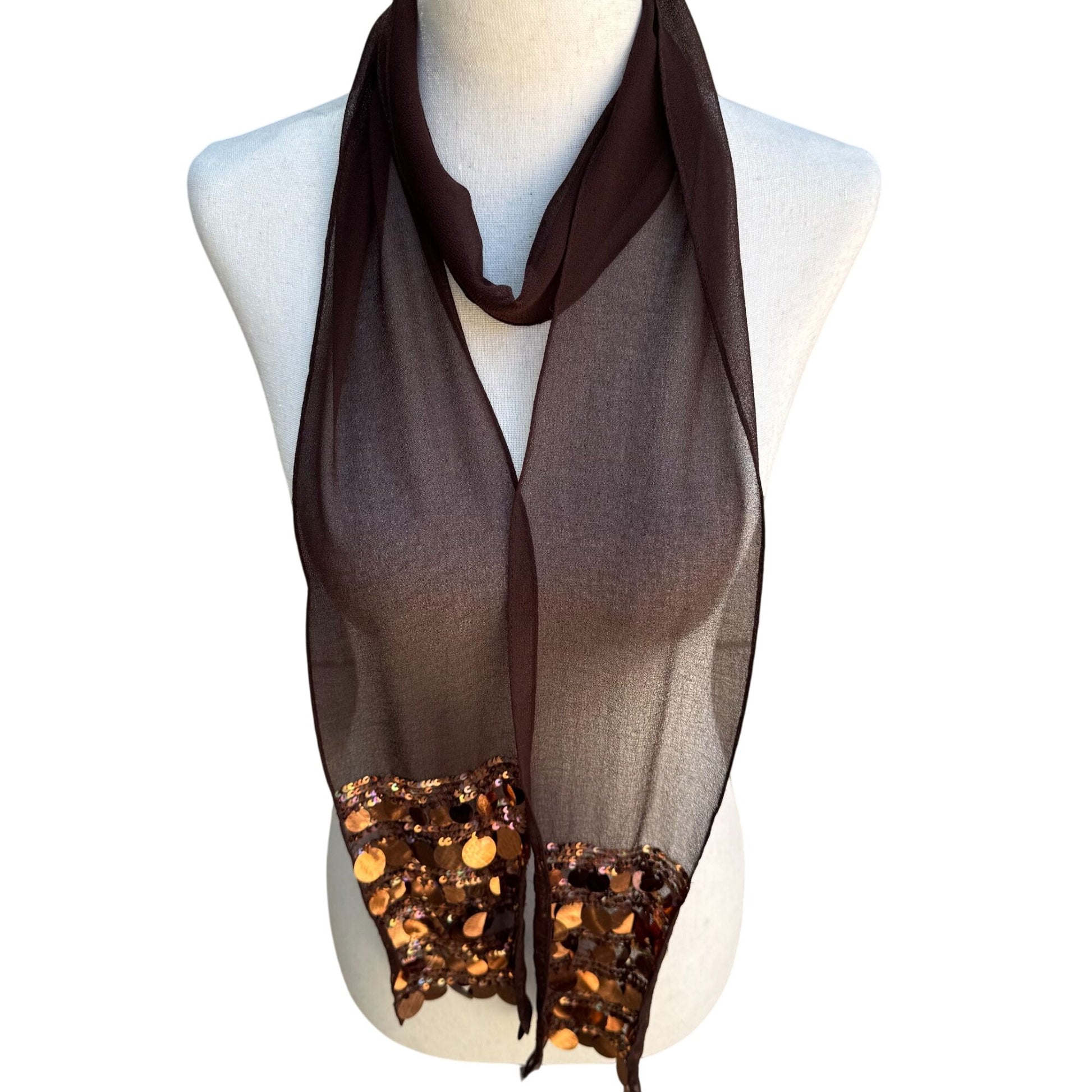 Vintage Womens Sheer Brown Sequin Metallic Accent Party Glam Scarf Wrap Tie