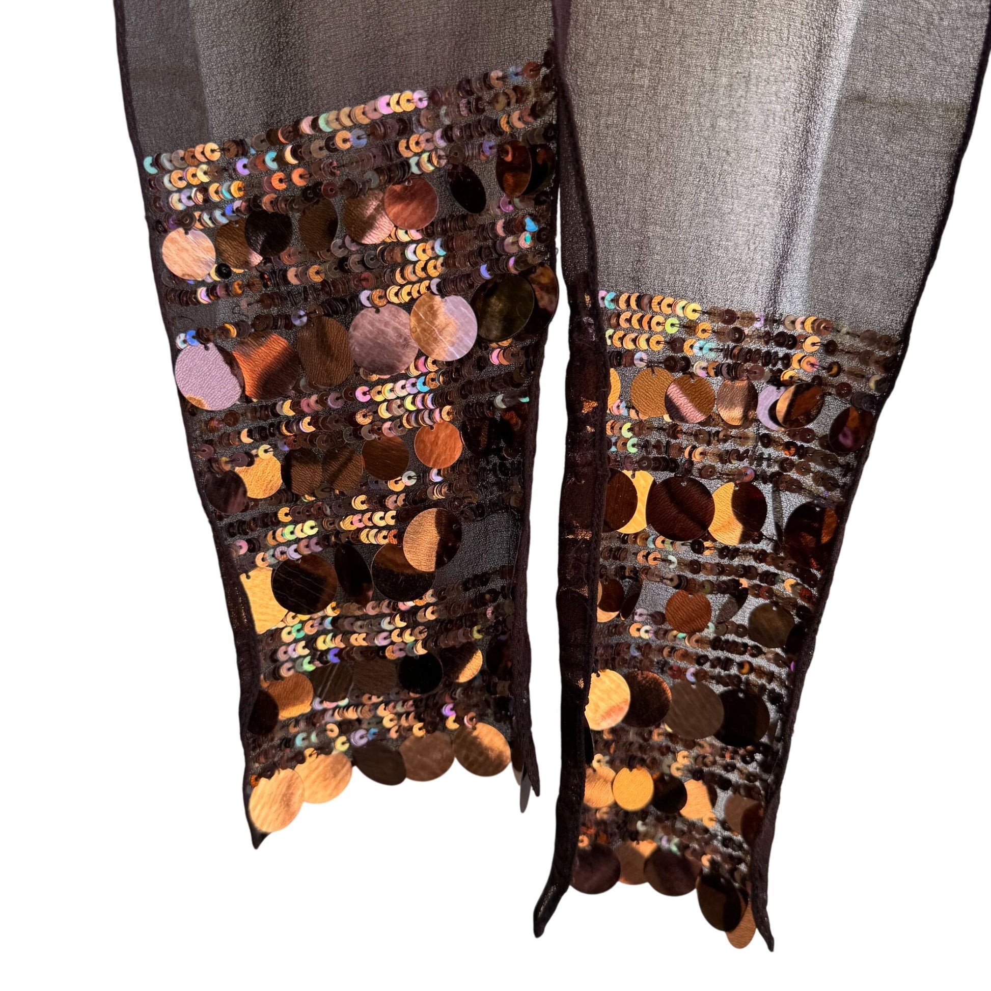 Vintage Womens Sheer Brown Sequin Metallic Accent Party Glam Scarf Wrap Tie