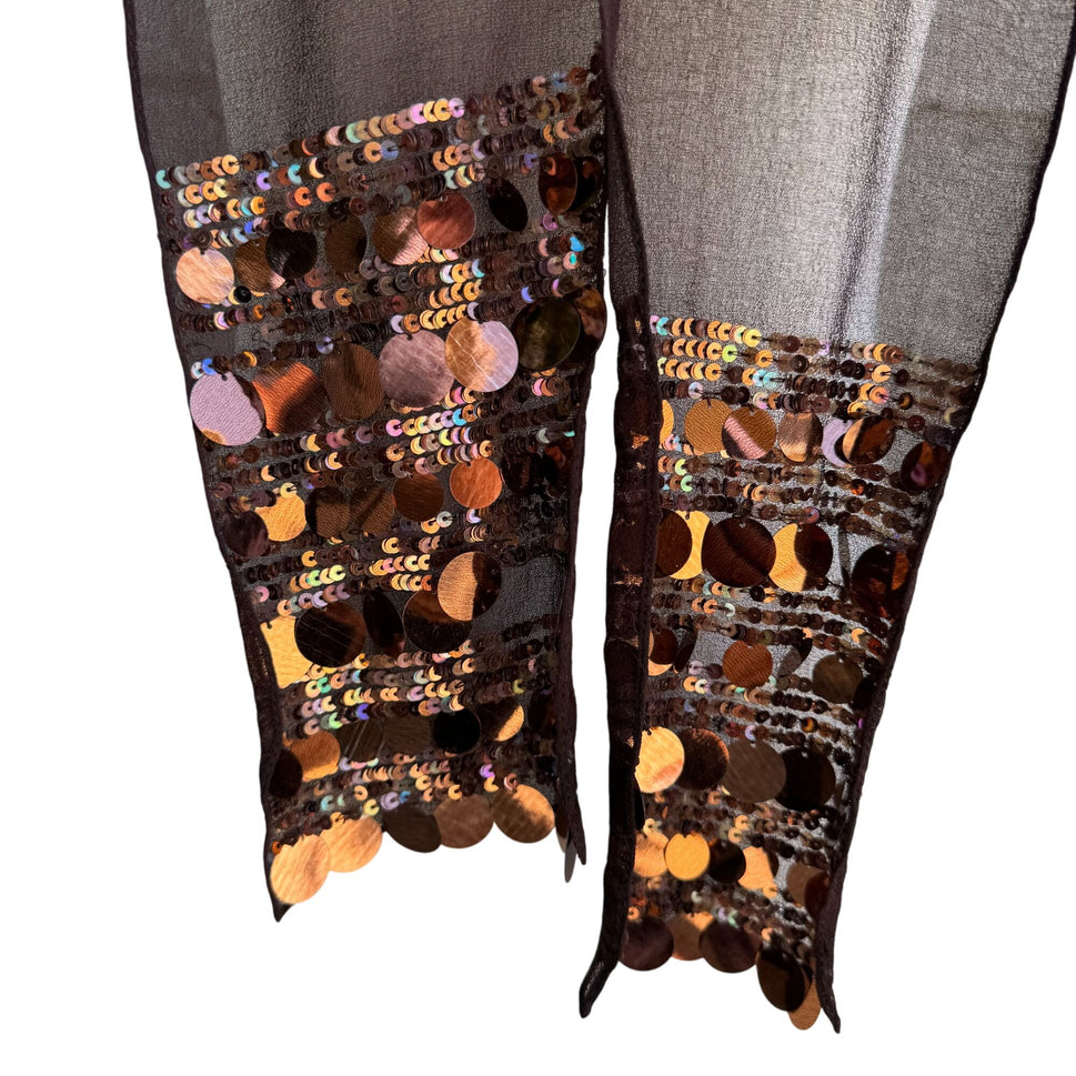 Vintage Womens Sheer Brown Sequin Metallic Accent Party Glam Scarf Wrap Tie