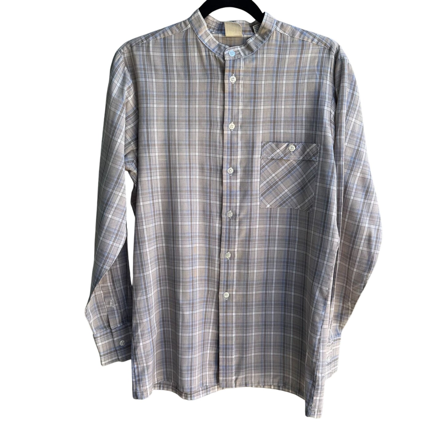 ESM Vintage Mens Band Collar Button-Up Blue Brown Retro Preppy Plaid Shirt M