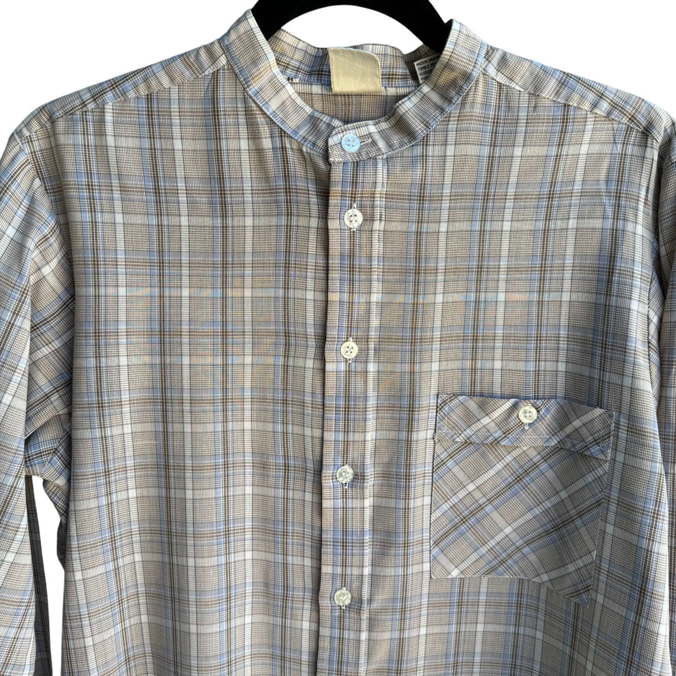 ESM Vintage Mens Band Collar Button-Up Blue Brown Retro Preppy Plaid Shirt M