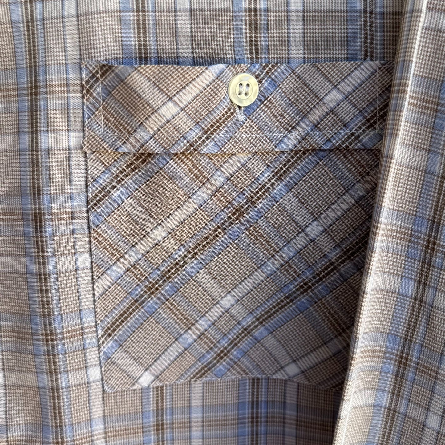 ESM Vintage Mens Band Collar Button-Up Blue Brown Retro Preppy Plaid Shirt M