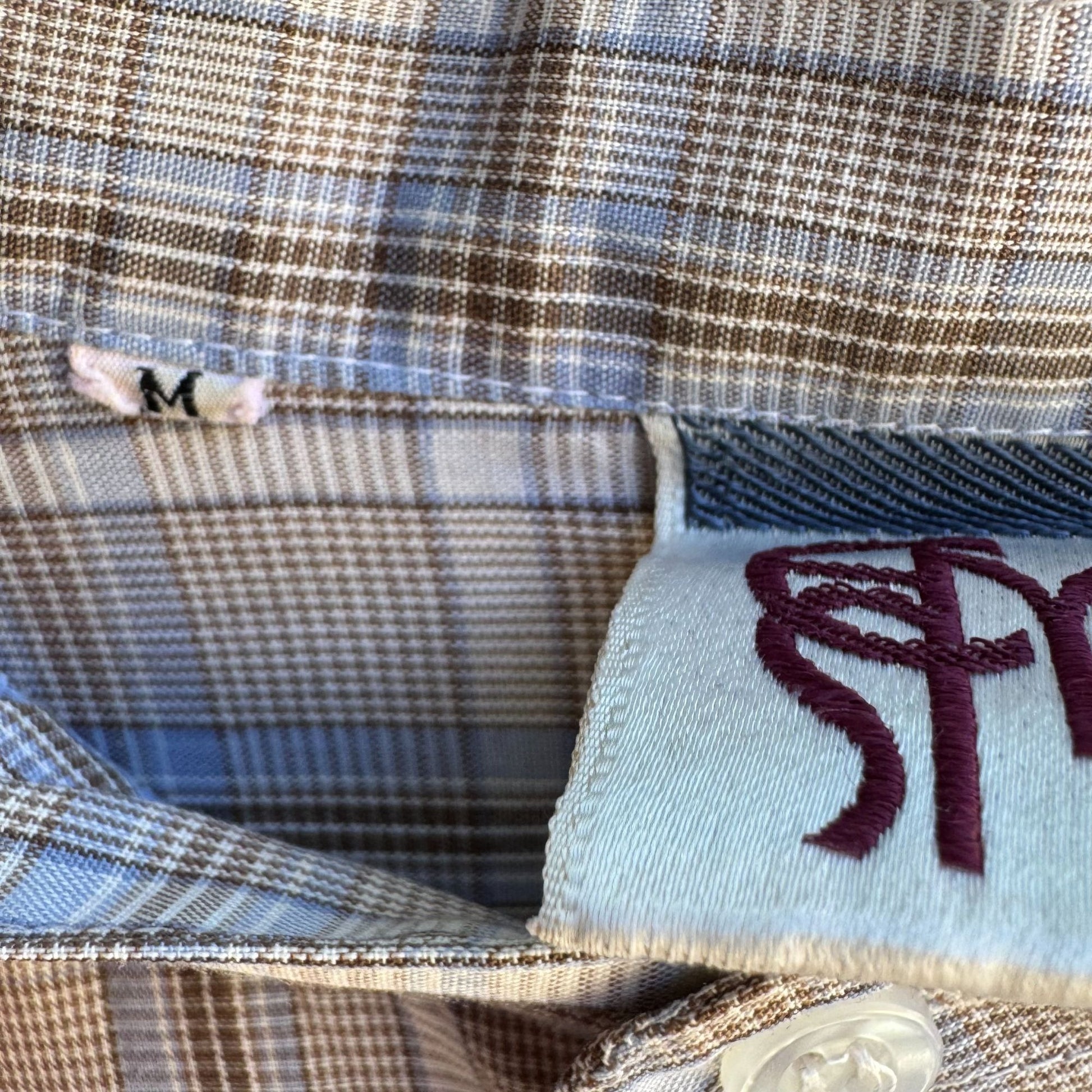 ESM Vintage Mens Band Collar Button-Up Blue Brown Retro Preppy Plaid Shirt M