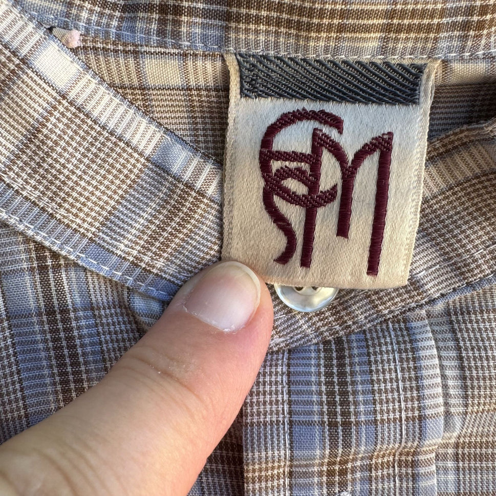 ESM Vintage Mens Band Collar Button-Up Blue Brown Retro Preppy Plaid Shirt M