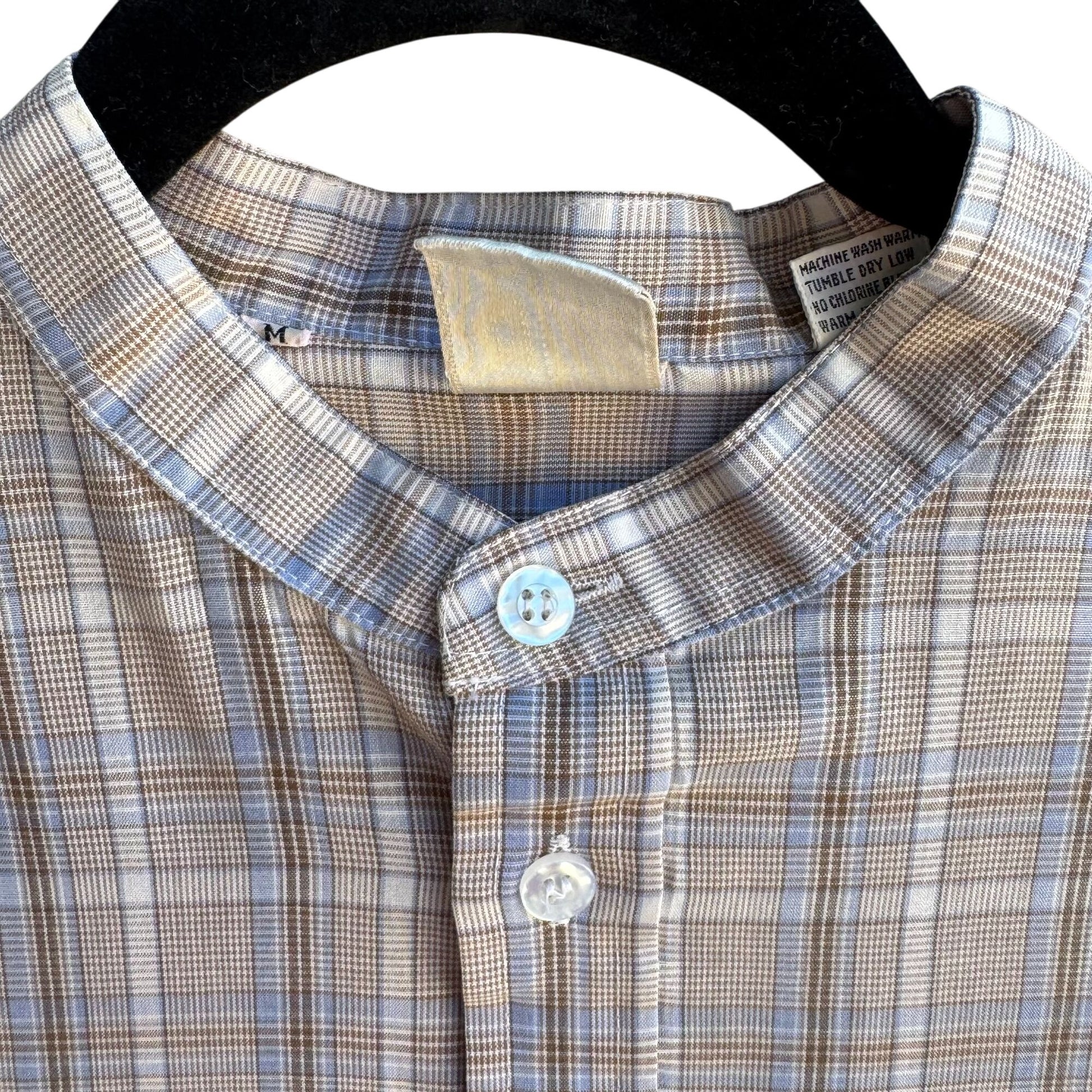 ESM Vintage Mens Band Collar Button-Up Blue Brown Retro Preppy Plaid Shirt M