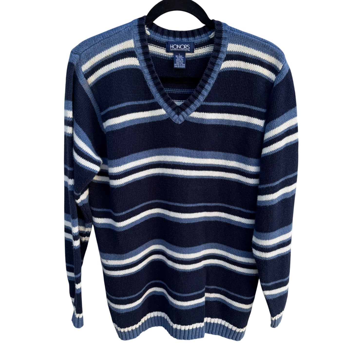 Honors Vintage Mens Striped V-Neck Blue Mens Long Sleeve Knit Grandpa Sweater L