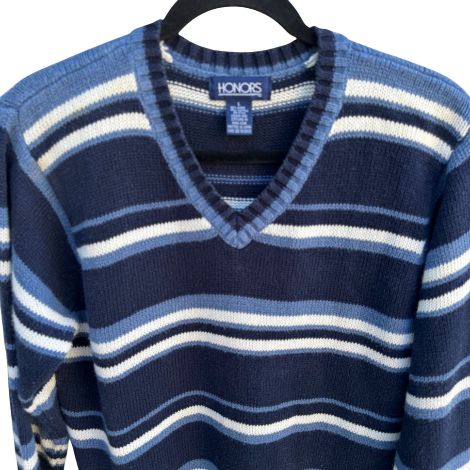 Honors Vintage Mens Striped V-Neck Blue Mens Long Sleeve Knit Grandpa Sweater L